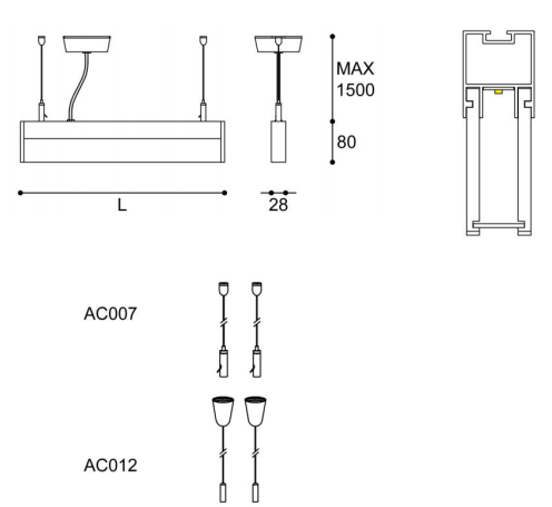 LED-141 LED acrylic suspension linear lamp and chandelier direct light indoor lamp for office and commercial use.