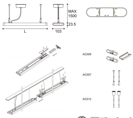 LED suspension linear lamp aluminium lighting fixture direct ilumination linkable lamp indoor chandelier lamp for office and commercial use LED-015