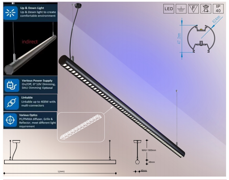 LED-178-3 suspension linear lamp, up and down light indoor chandelier lamp for office and commercial use